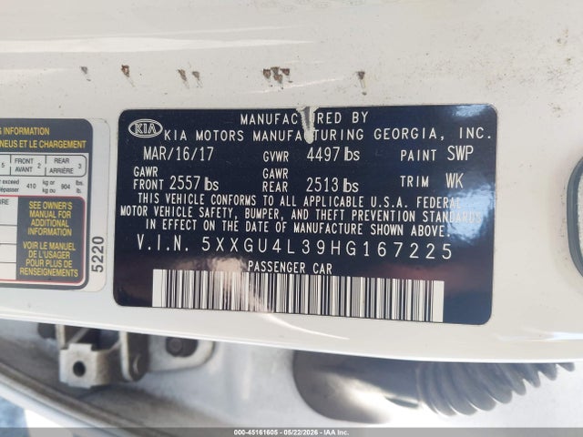 2017 Kia Optima Ex მანქანა იყიდება აუქციონზე, vin: 5XXGU4L39HG167225, აუქციონის ნომერი: 45161605