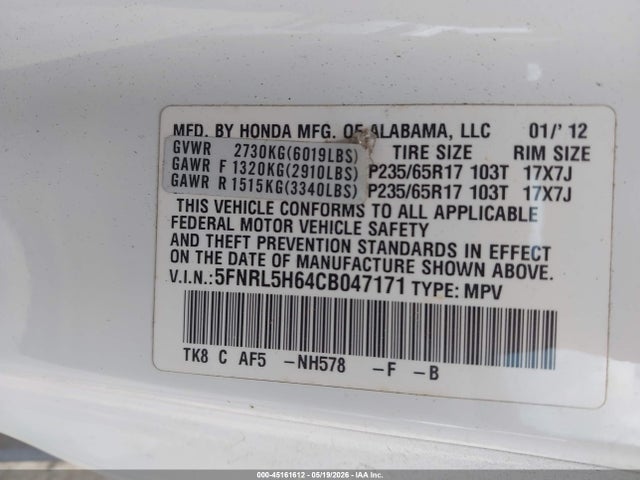 Продаж на аукціоні авто 2012 Honda Odyssey Ex-l, vin: 5FNRL5H64CB047171, номер лоту: 45161612