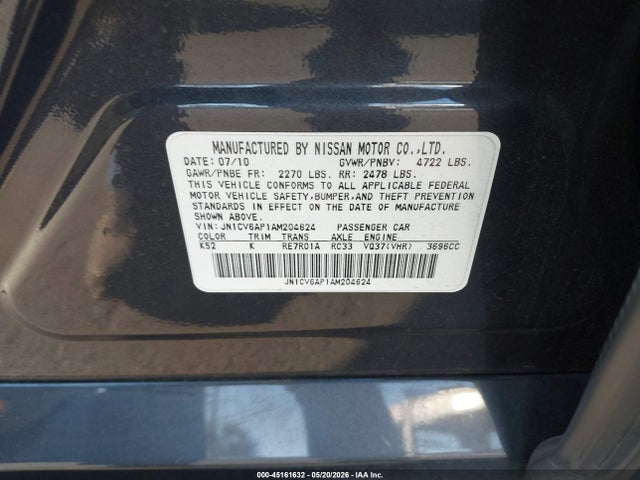 2010 Infiniti G37 Journey მანქანა იყიდება აუქციონზე, vin: JN1CV6AP1AM204624, აუქციონის ნომერი: 45161632