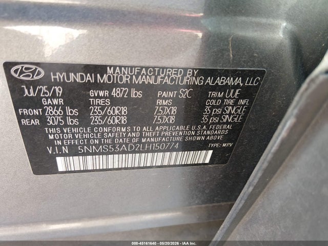 2020 Hyundai Santa Fe Limited მანქანა იყიდება აუქციონზე, vin: 5NMS53AD2LH150774, აუქციონის ნომერი: 45161640