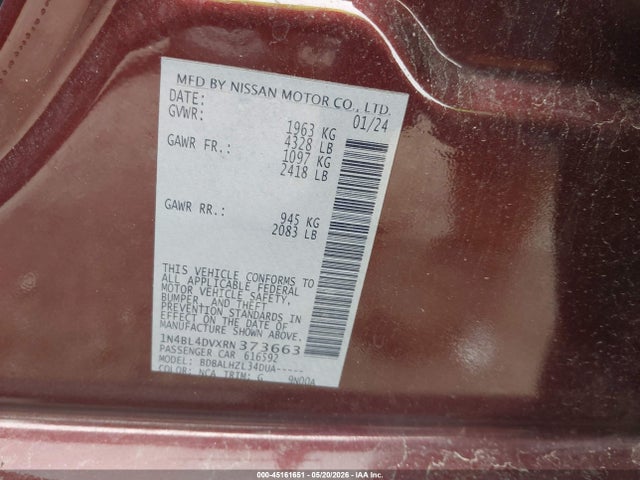 2024 Nissan Altima Sv Fwd მანქანა იყიდება აუქციონზე, vin: 1N4BL4DVXRN373663, აუქციონის ნომერი: 45161651