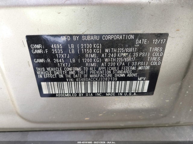 Aukcja sprzedaży 2018 Subaru Outback 2.5i Premium, vin: 4S4BSACCXJ3282139, numer aukcji: 45161660