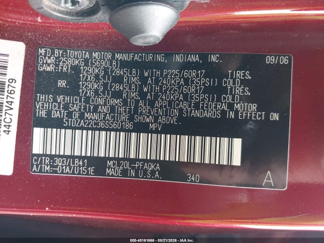 Aukcja sprzedaży 2006 Toyota Sienna Xle, vin: 5TDZA22C36S560186, numer aukcji: 45161666