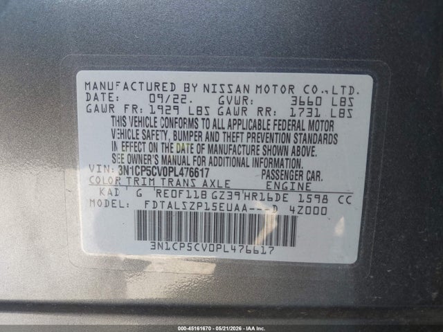 Auction sale of the 2023 Nissan Kicks Sv Xtronic Cvt, vin: 3N1CP5CV0PL476617, lot number: 45161670