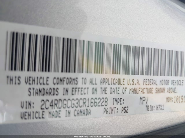 45161673 :رقم المزاد ، 2C4RDGCG3CR166228 vin ، 2012 Dodge Grand Caravan Sxt مزاد بيع