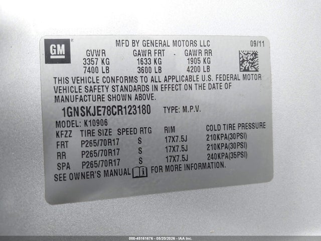 Aukcja sprzedaży 2012 Chevrolet Suburban 1500 Lt, vin: 1GNSKJE78CR123180, numer aukcji: 45161676