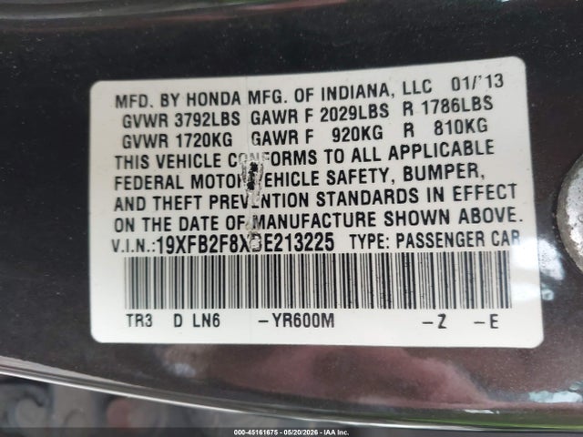 2013 Honda Civic Ex მანქანა იყიდება აუქციონზე, vin: 19XFB2F8XDE213225, აუქციონის ნომერი: 45161675