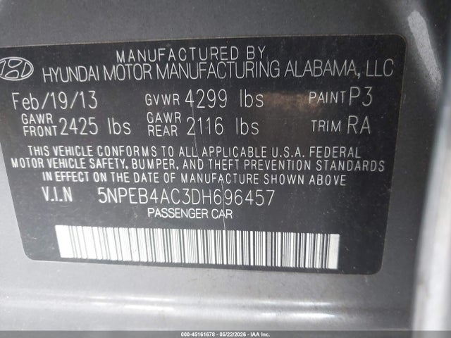 45161678 :رقم المزاد ، 5NPEB4AC3DH696457 vin ، 2013 Hyundai Sonata Gls مزاد بيع
