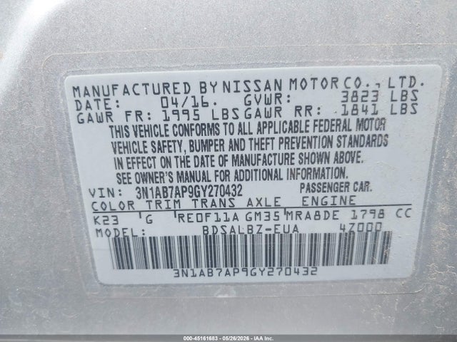 Aukcja sprzedaży 2016 Nissan Sentra S, vin: 3N1AB7AP9GY270432, numer aukcji: 45161683