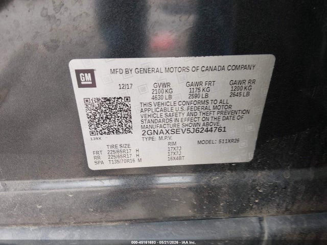 2018 Chevrolet Equinox Lt მანქანა იყიდება აუქციონზე, vin: 2GNAXSEV5J6244761, აუქციონის ნომერი: 45161693