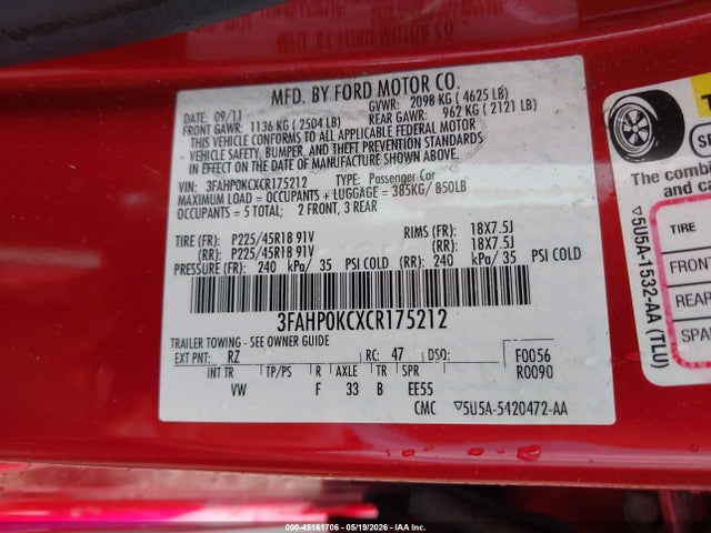 Aukcja sprzedaży 2012 Ford Fusion Sport, vin: 3FAHP0KCXCR175212, numer aukcji: 45161706