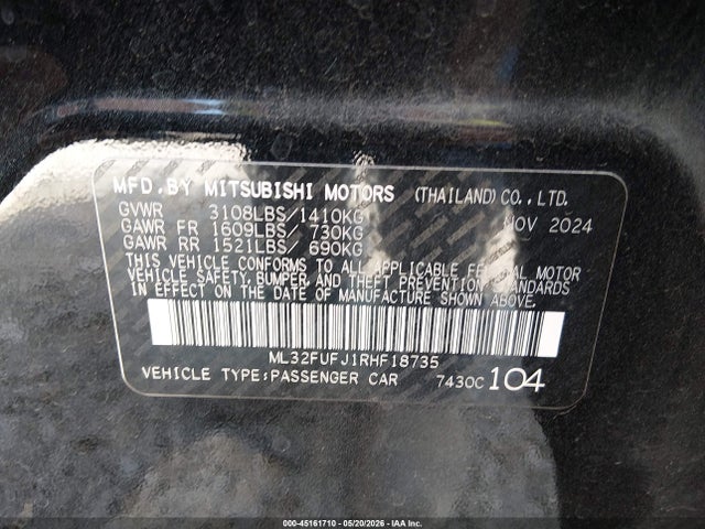 45161710 :رقم المزاد ، ML32FUFJ1RHF18735 vin ، 2024 Mitsubishi Mirage G4 Black Edition مزاد بيع