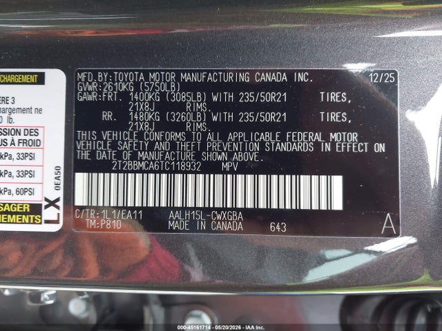 45161714 :رقم المزاد ، 2T2BBMCA6TC118932 vin ، 2026 Lexus Rx 350h Premium مزاد بيع