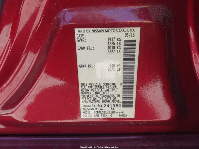 Aukcja sprzedaży 2016 Nissan Altima 2.5 S, vin: 1N4AL3AP3GC241980, numer aukcji: 45161716