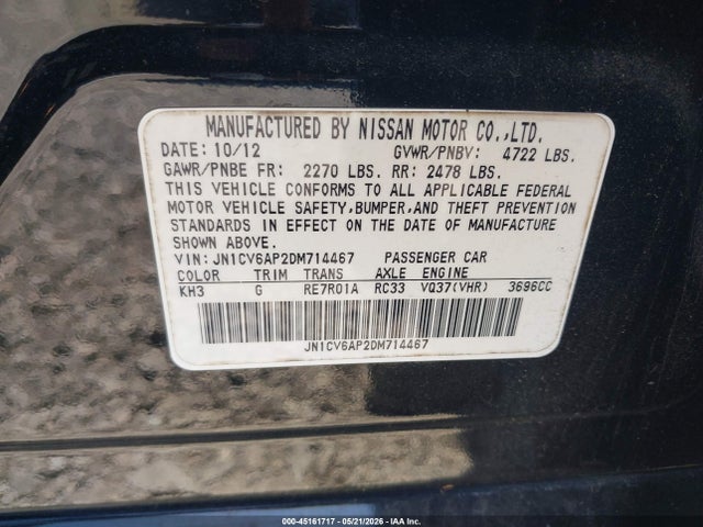 45161717 :رقم المزاد ، JN1CV6AP2DM714467 vin ، 2013 Infiniti G37 Journey مزاد بيع