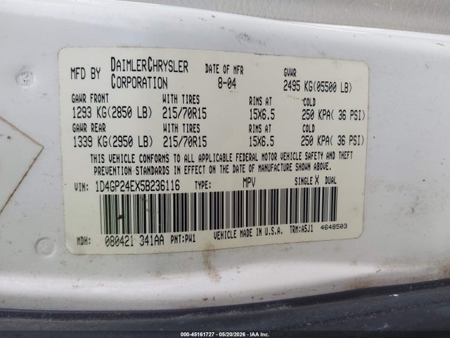 Aukcja sprzedaży 2005 Dodge Grand Caravan Se, vin: 1D4GP24EX5B236116, numer aukcji: 45161727