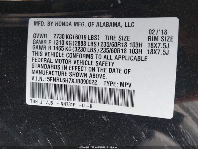 Aukcja sprzedaży 2018 Honda Odyssey Ex-l, vin: 5FNRL6H7XJB090022, numer aukcji: 45161737