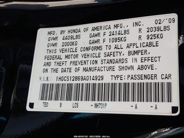 2009 Honda Accord 2.4 Ex-l მანქანა იყიდება აუქციონზე, vin: 1HGCS12869A014929, აუქციონის ნომერი: 45161742