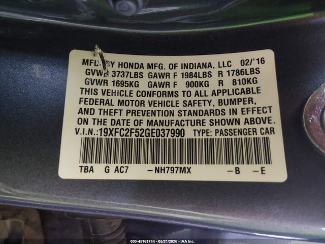 Продаж на аукціоні авто 2016 Honda Civic Lx, vin: 19XFC2F52GE037990, номер лоту: 45161744