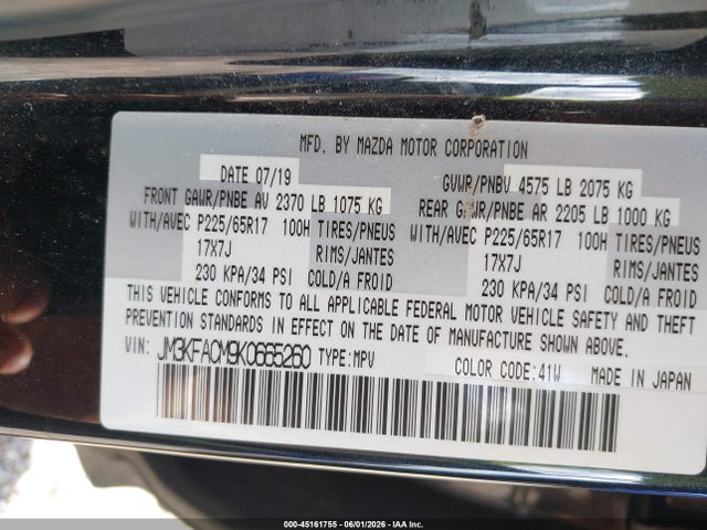 Aukcja sprzedaży 2019 Mazda Cx-5 Touring, vin: JM3KFACM9K0665260, numer aukcji: 45161755