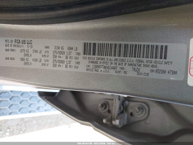 45161759 :رقم المزاد ، 1C6RREFT0KN514407 vin ، 2019 Ram 1500 Big Horn/lone Star  4x2 5'7 Box مزاد بيع