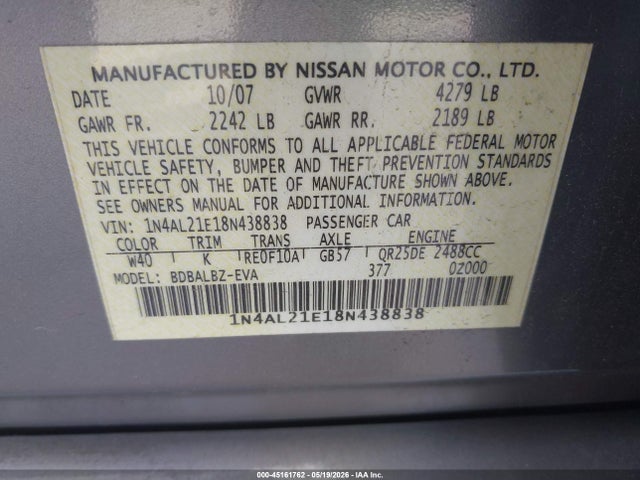 Продажа на аукционе авто 2008 Nissan Altima 2.5 S, vin: 1N4AL21E18N438838, номер лота: 45161762