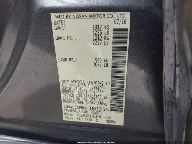 Продажа на аукционе авто 2016 Nissan Altima 2.5 S, vin: 1N4AL3AP0GN380355, номер лота: 45161768