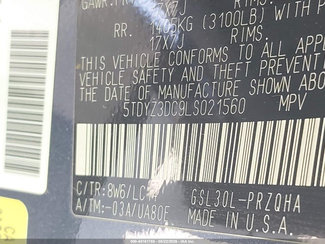 2020 Toyota Sienna Xle მანქანა იყიდება აუქციონზე, vin: 5TDYZ3DC9LS021560, აუქციონის ნომერი: 45161785