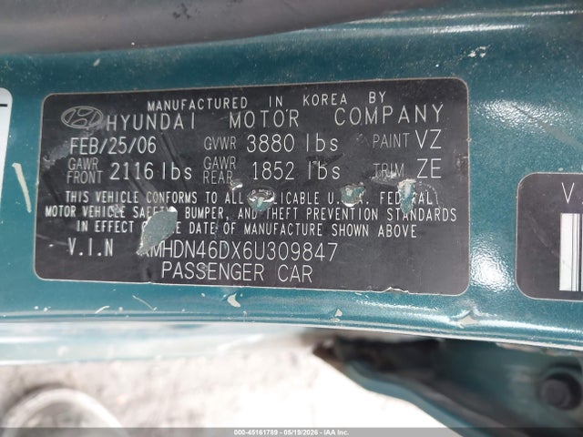 45161789 :رقم المزاد ، KMHDN46DX6U309847 vin ، 2006 Hyundai Elantra Gls/limited مزاد بيع