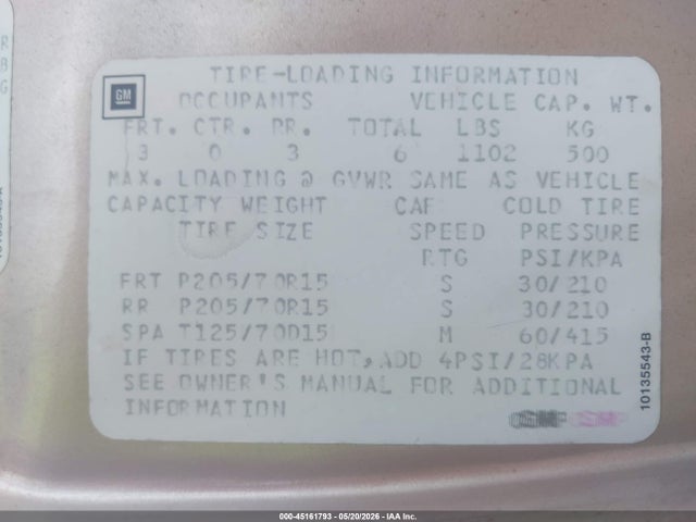 45161793 :رقم المزاد ، 1G4CW53L8M1613705 vin ، 1991 Buick Park Avenue مزاد بيع
