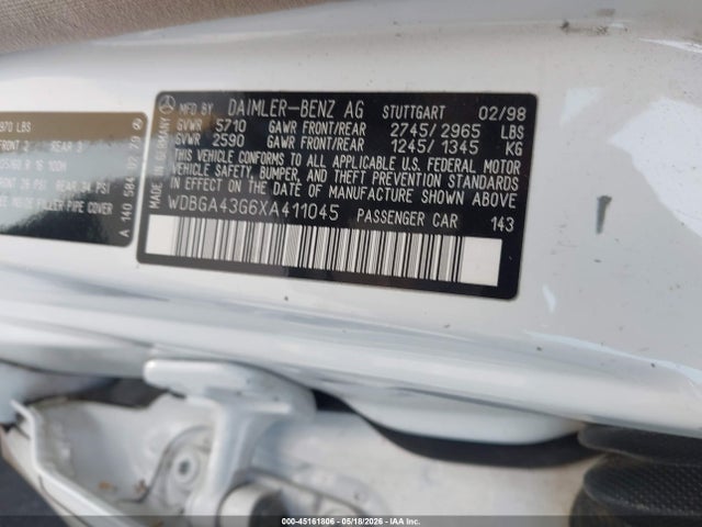 45161806 :رقم المزاد ، WDBGA43G6XA411045 vin ، 1999 Mercedes-benz S 420 مزاد بيع