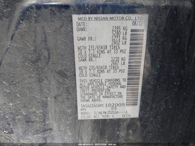 45161812 :رقم المزاد ، 5N1AZ2AS8PC102009 vin ، 2023 Nissan Murano S Intelligent Awd مزاد بيع