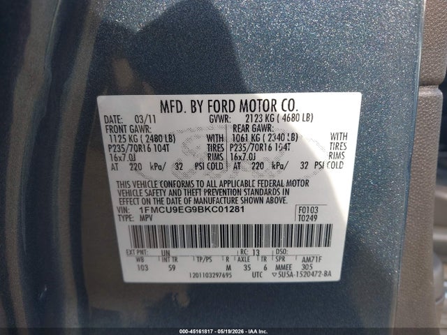 2011 Ford Escape Limited მანქანა იყიდება აუქციონზე, vin: 1FMCU9EG9BKC01281, აუქციონის ნომერი: 45161817