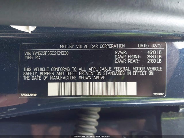 2012 Volvo S60 T5 მანქანა იყიდება აუქციონზე, vin: YV1622FS5C2131338, აუქციონის ნომერი: 45161825