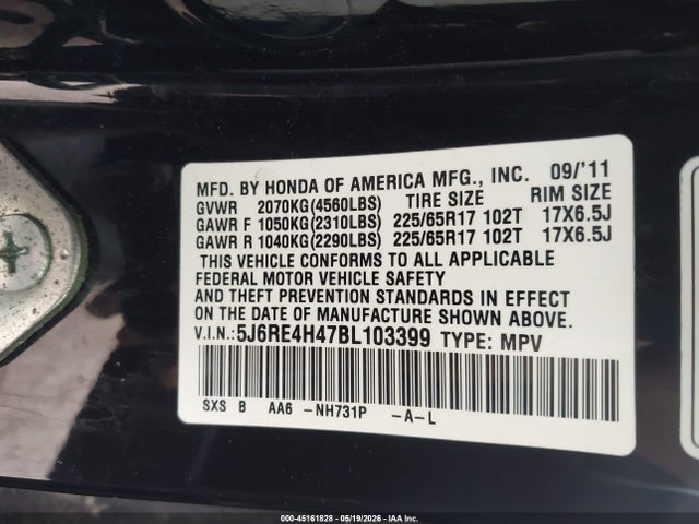 45161828 :رقم المزاد ، 5J6RE4H47BL103399 vin ، 2011 Honda Cr-v Se مزاد بيع