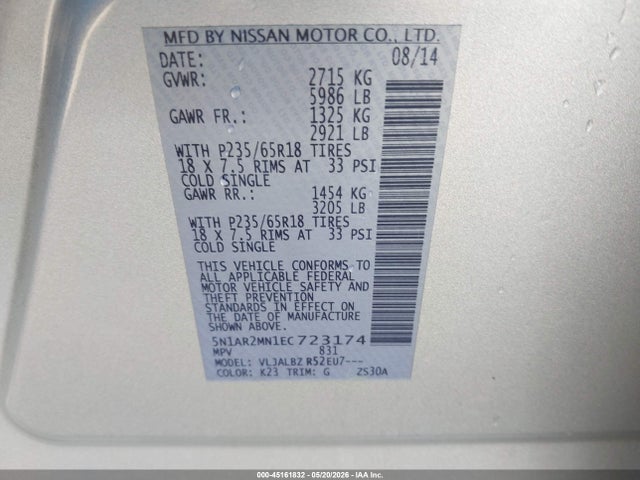 Auction sale of the 2014 Nissan Pathfinder S, vin: 5N1AR2MN1EC723174, lot number: 45161832