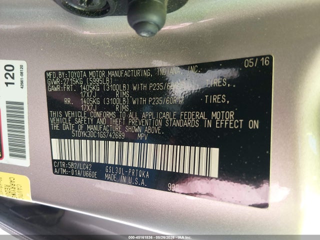 Продажа на аукционе авто 2016 Toyota Sienna Xle 8 Passenger, vin: 5TDYK3DC1GS742689, номер лота: 45161836