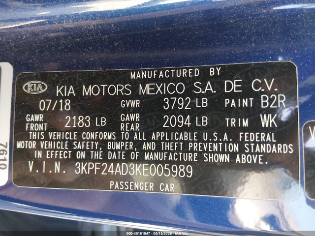 Продажа на аукционе авто 2019 Kia Forte Lxs, vin: 3KPF24AD3KE005989, номер лота: 45161847