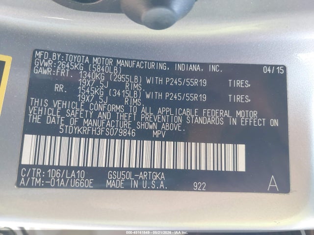 Toyota Highlander Limited V6 2015 5TDYKRFH3FS079846 Image 9