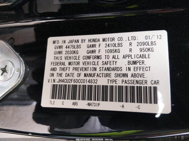 2012 Acura Tsx 2.4 მანქანა იყიდება აუქციონზე, vin: JH4CU2F60CC014832, აუქციონის ნომერი: 45161852