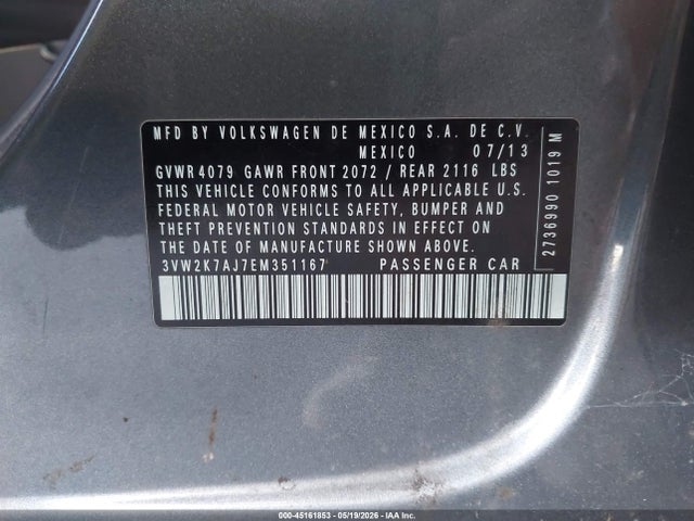 Продаж на аукціоні авто 2014 Volkswagen Jetta 2.0l S, vin: 3VW2K7AJ7EM351167, номер лоту: 45161853