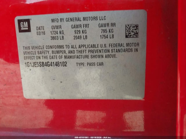 1G1JE5SB4G4148102 Chevrolet Sonic Ltz Auto