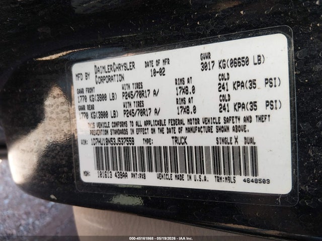 Aukcja sprzedaży 2003 Dodge Ram 1500 Slt/laramie/st, vin: 1D7HU18N53J537559, numer aukcji: 45161868