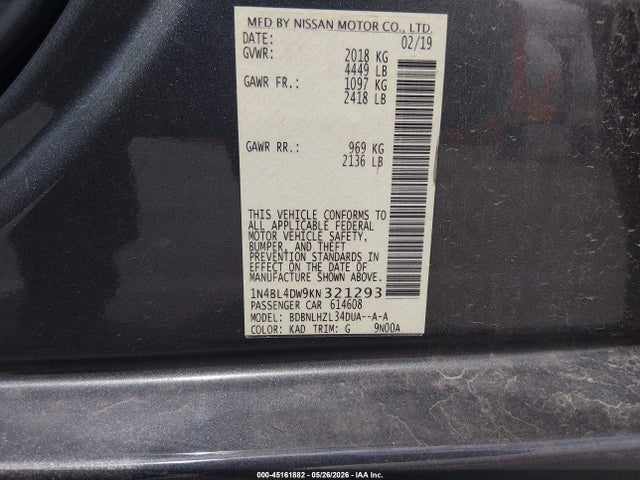 45161882 :رقم المزاد ، 1N4BL4DW9KN321293 vin ، 2019 Nissan Altima 2.5 Sv مزاد بيع