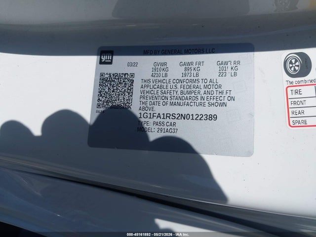 2022 Chevrolet Camaro Rwd  1lt მანქანა იყიდება აუქციონზე, vin: 1G1FA1RS2N0122389, აუქციონის ნომერი: 45161892