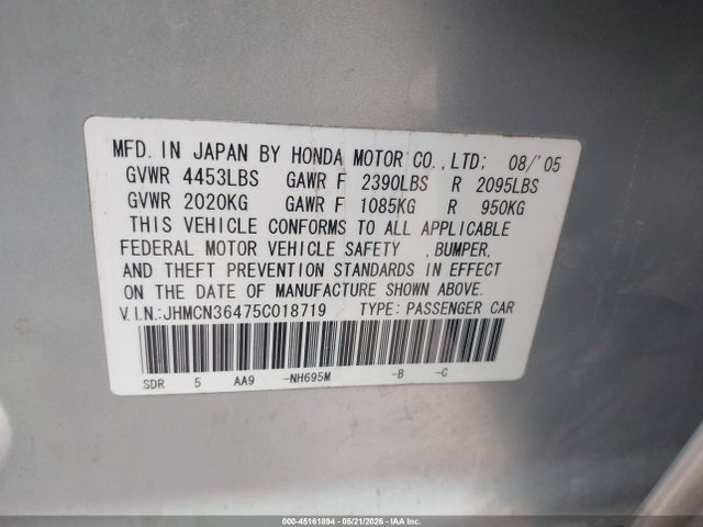 Продажа на аукционе авто 2005 Honda Accord Hybrid Ima, vin: JHMCN36475C018719, номер лота: 45161894