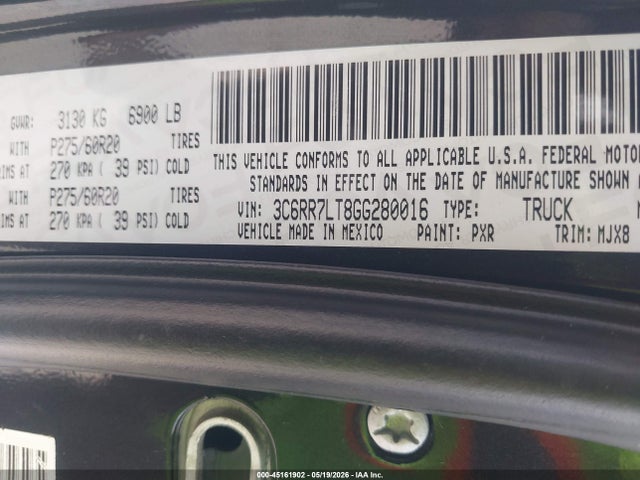 45161902 :رقم المزاد ، 3C6RR7LT8GG280016 vin ، 2016 Ram 1500 Big Horn مزاد بيع