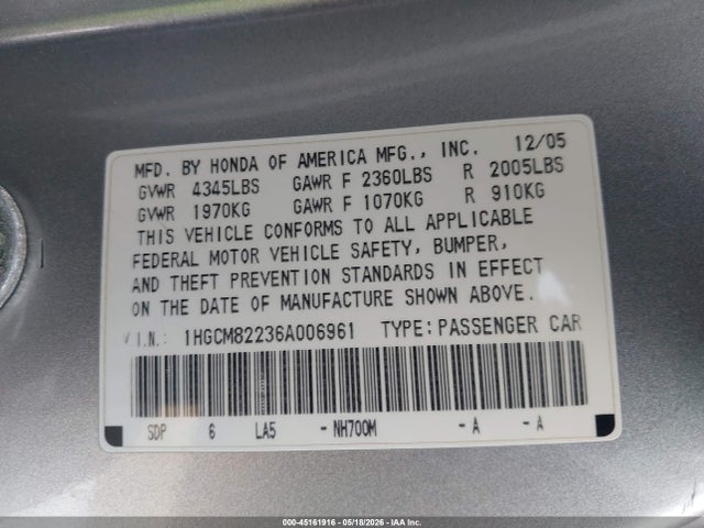Продаж на аукціоні авто 2006 Honda Accord 3.0 Lx, vin: 1HGCM82236A006961, номер лоту: 45161916