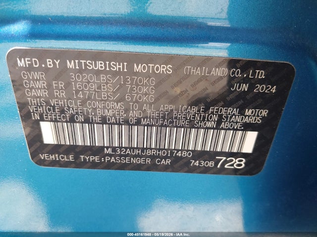 Продаж на аукціоні авто 2024 Mitsubishi Mirage Es/le, vin: ML32AUHJ8RH017480, номер лоту: 45161948