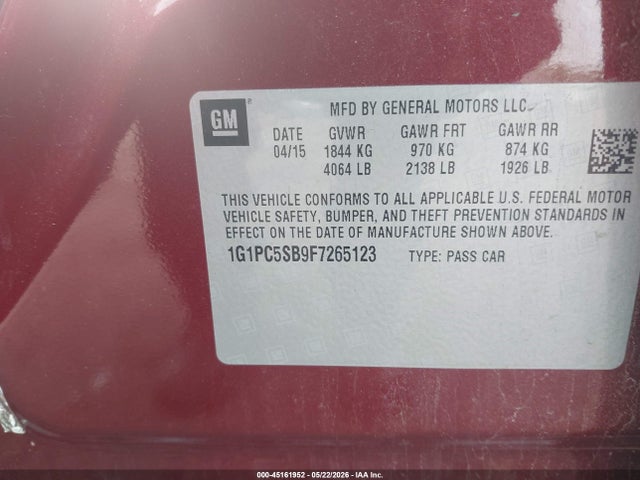 1G1PC5SB9F7265123 Chevrolet Cruze 1lt Auto